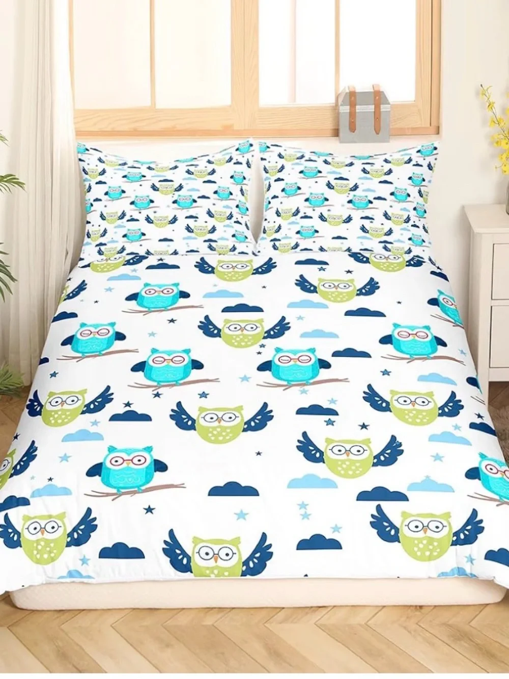 Owl Pattern Kids Duvet Cover Set in Blue & Green - twin 001